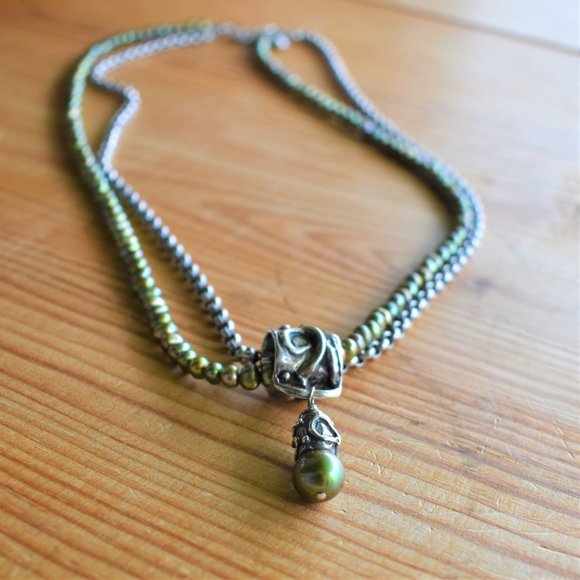Boho Sage Pearl Necklace 2 Strand Sterling Silver - Picture 4 of 8